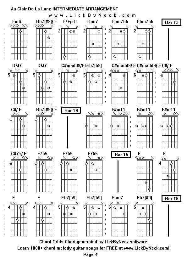 Chord Grids Chart of chord melody fingerstyle guitar song-Au Clair De La Lune-INTERMEDIATE ARRANGEMENT,generated by LickByNeck software.